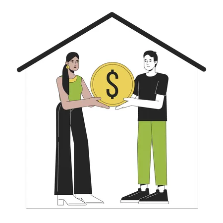 Couple Buying Real Estate Flat Line Concept Vector Spot Illustration Happy People Holding Golden Coin 2 D Cartoon Outline Characters On White For Web UI Design Editable Isolated Color Hero Image Illustration