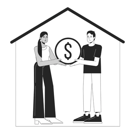 Couple Buying Real Estate Bw Concept Vector Spot Illustration Happy People Holding Golden Coin 2 D Cartoon Outline Characters On White For Web UI Design Editable Isolated Color Hero Image Illustration
