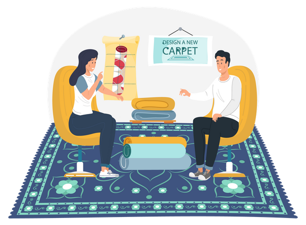 Couple buying rug from store Illustration