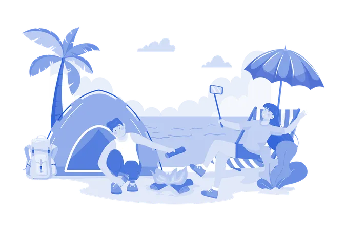 Couple camping at the beach  Illustration