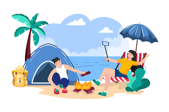 Couple camping at the beach  Illustration