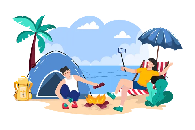 Couple camping at the beach  Illustration