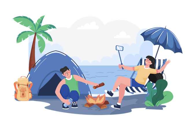 Couple camping at the beach  Illustration