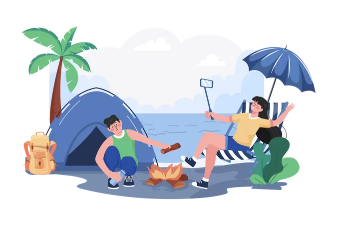 Couple camping at the beach  Illustration