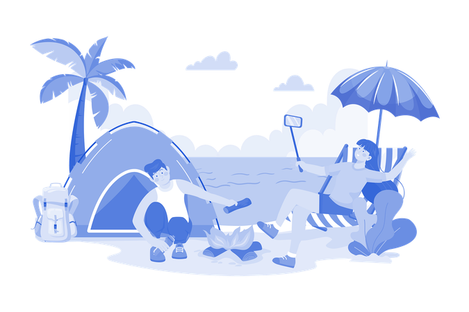 Couple camping at the beach  Illustration