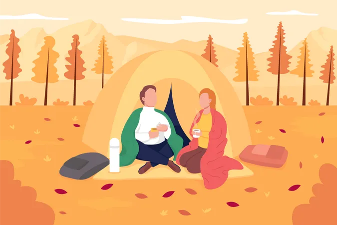 Couple camping during autumn fall Illustration