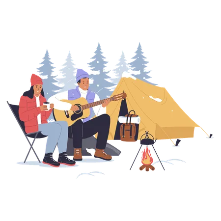 Couple en camping en saison hivernale  Illustration