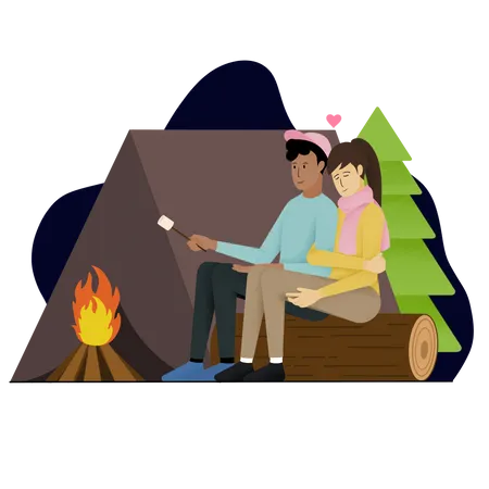 Couple camping in forest together on Valentines day Illustration