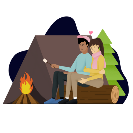 Couple camping in forest together on Valentines day  Illustration