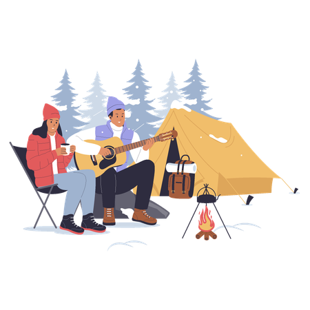 Couple camping in winter season  Illustration