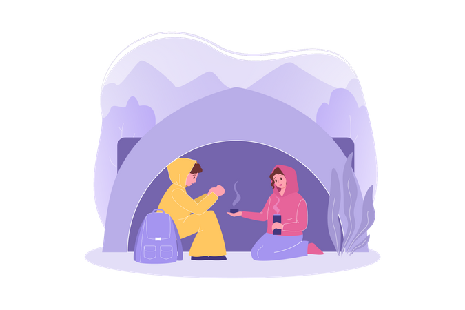 Couple camping inside tent  Illustration