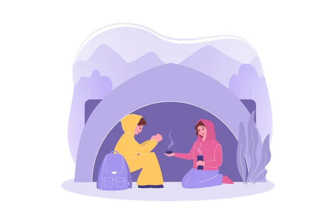 Couple campant à l'intérieur d'une tente  Illustration
