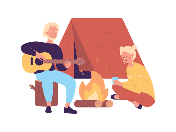 Couple camping near campfire  Illustration