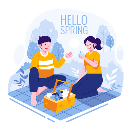 Couple camping welcoming spring  Illustration