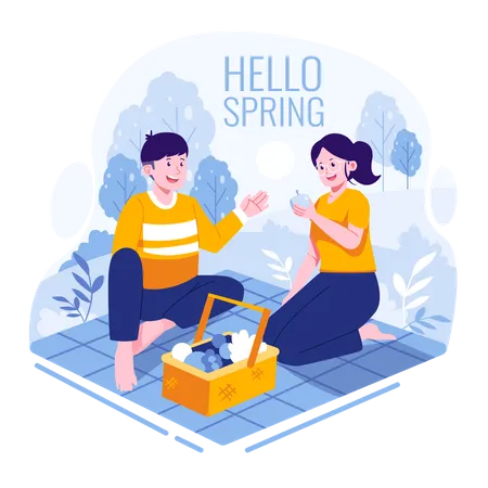 Couple camping welcoming spring Illustration