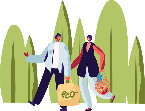 Couple Carrying Products in Paper and String Bags  Illustration