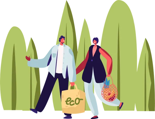 Couple Carrying Products in Paper and String Bags  Illustration