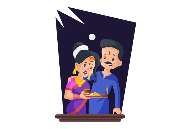 Couple célébrant ensemble Karwachauth  Illustration