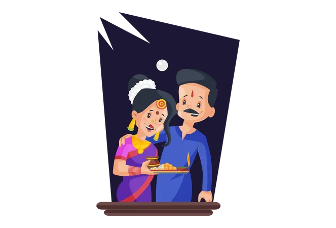 Couple célébrant ensemble Karwachauth  Illustration