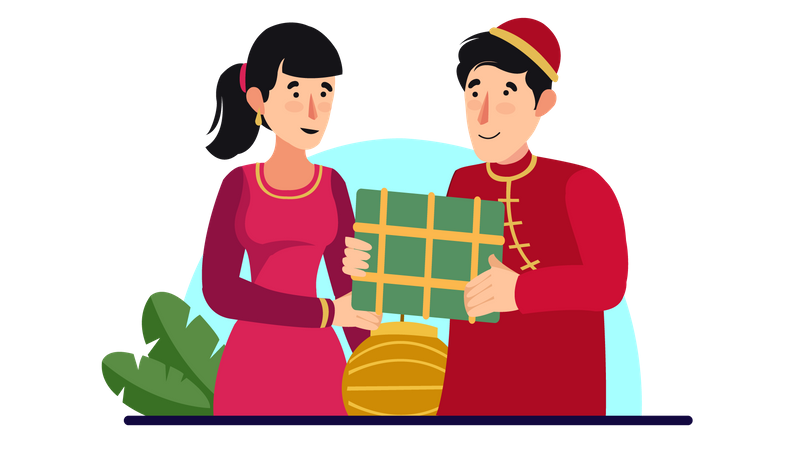 Couple célébrant le nouvel an vietnamien  Illustration