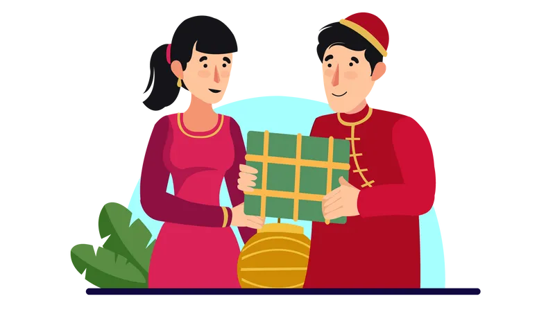 Couple célébrant le nouvel an vietnamien  Illustration