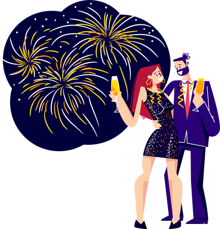 Couple célébrant le nouvel an tenant des verres de champagne  Illustration