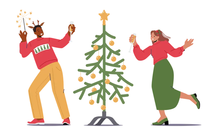 Happy Colleagues Or Loving Couple Celebrate Christmas And New Year Home Or Corporate Party Positive Man Woman In Funny Hats Clink Champagne Glasses And Dance At Fir Tree Cartoon Vector Illustration Illustration