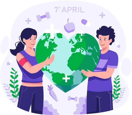 World Health Day A Man And A Woman Holding A Globe World In The Shape Of A Heart A Couple Celebrate Health Day Vector Illustration Illustration