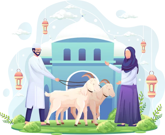 Couple celebrates Eid al Adha by donating two goats for qurban  Illustration