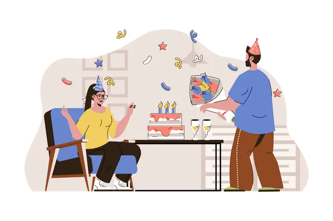 Couple celebrating birthday party Illustration