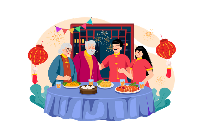 Couple celebrating Chinese new year with grandparents  Illustration