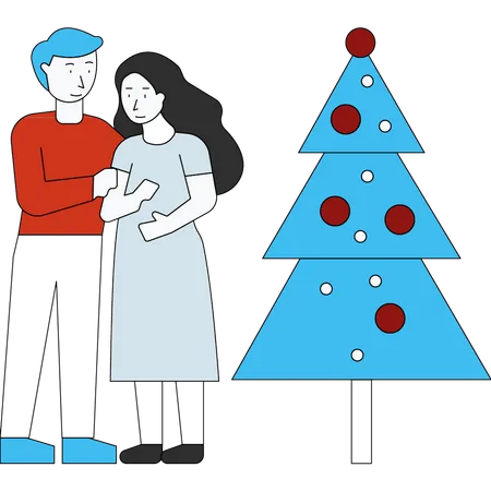 The Couple Is Standing Near The Christmas Tree Illustration