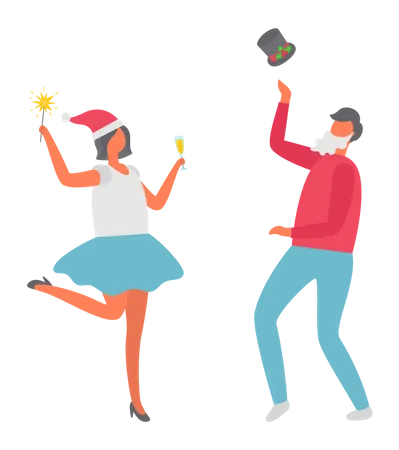 Dancing People At Christmas Party Vector Cartoon Characters Isolated Woman With Sparkler And Man In High Hat And In Santa Claus Beard New Year Celebration Illustration