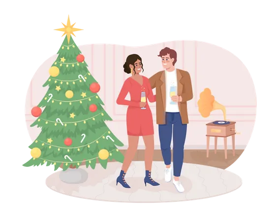 Couple Celebrating Christmas 2 D Vector Isolated Illustration Happy Flat Characters On Cartoon Background New Year Party Colourful Editable Scene For Mobile Website Presentation Illustration