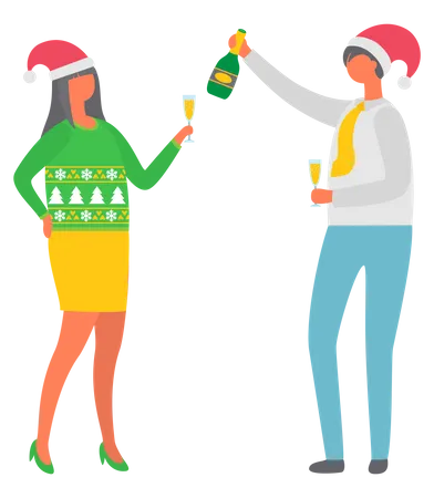 Christmas Party Couple Drinking Alcohol Champagne Vector People Celebrating Approaching On New Year Woman Wearing Symbolic Red Santa Claus Hat Illustration