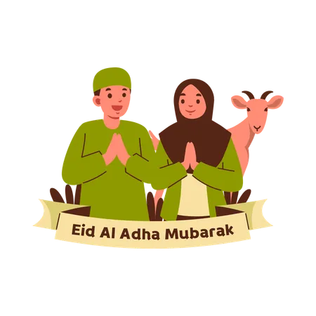 Illustration Of A Man And Woman In Traditional Attire Celebrating Eid Al Adha With Goat Illustration