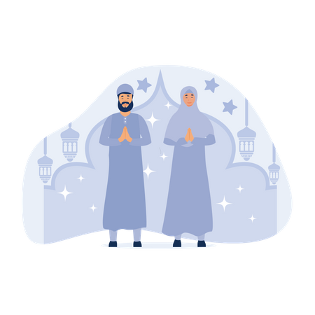 Couple Celebrating Eid Al Fitr  Illustration