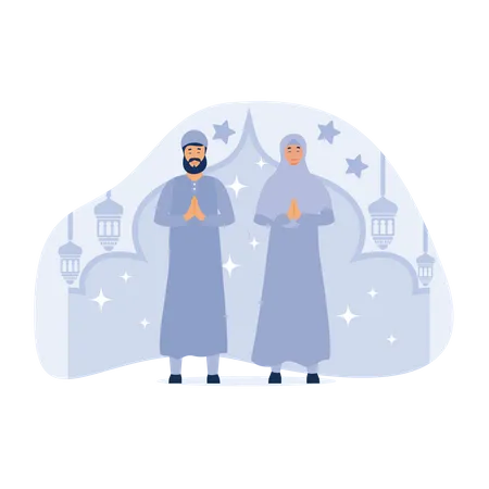 Couple Celebrating Eid Al Fitr  Illustration