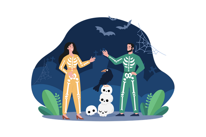 Couple celebrating Halloween cosplay Illustration