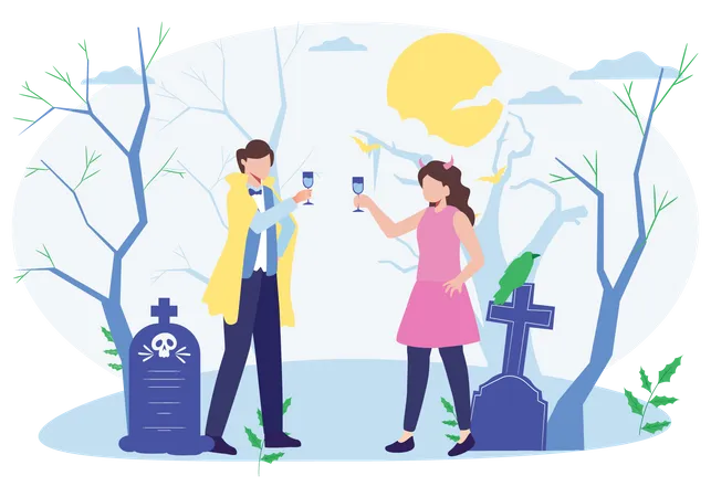 Couple celebrating Halloween night  Illustration