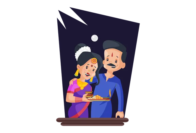 Couple celebrating karwachauth togehter  Illustration