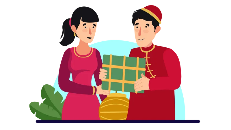 Couple celebrating Vietnam new year  Illustration