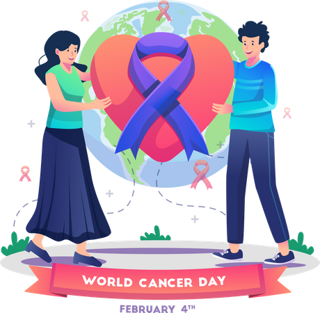 Couple celebrating world cancer day by holding a decorated love Illustration