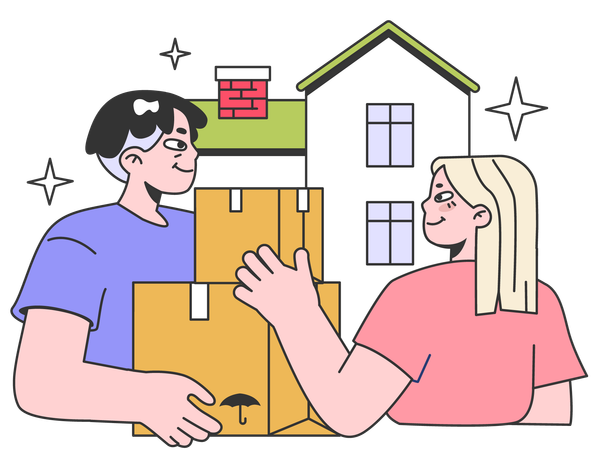 Un couple déménage dans une nouvelle maison  Illustration