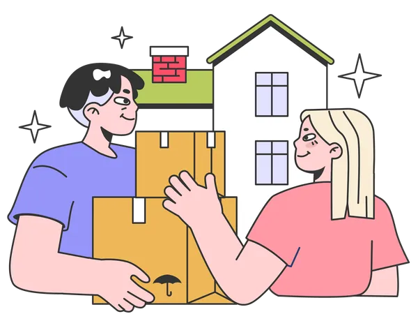 Un couple déménage dans une nouvelle maison  Illustration