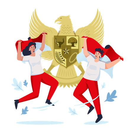 Couple character holding Indonesian flag behind garuda symbol  Illustration