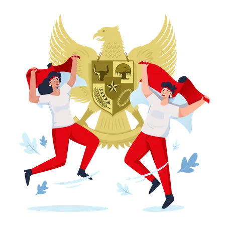 Couple character holding Indonesian flag behind garuda symbol  Illustration