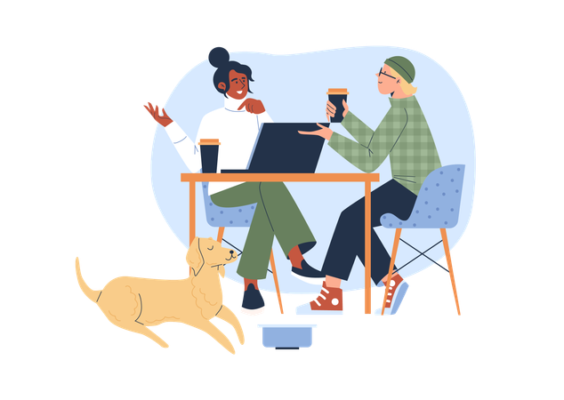 Couple chatting in pet friendly cafe cute dog with bowl of water or treats  Illustration