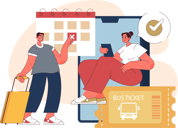 Couple check bus booking  일러스트레이션