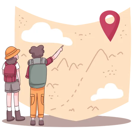 The Back Of Couple Adventure With Backpack Check Pin On Map To Hiking And Climbing In Cartoon Character Flat Vector Illustration Illustration
